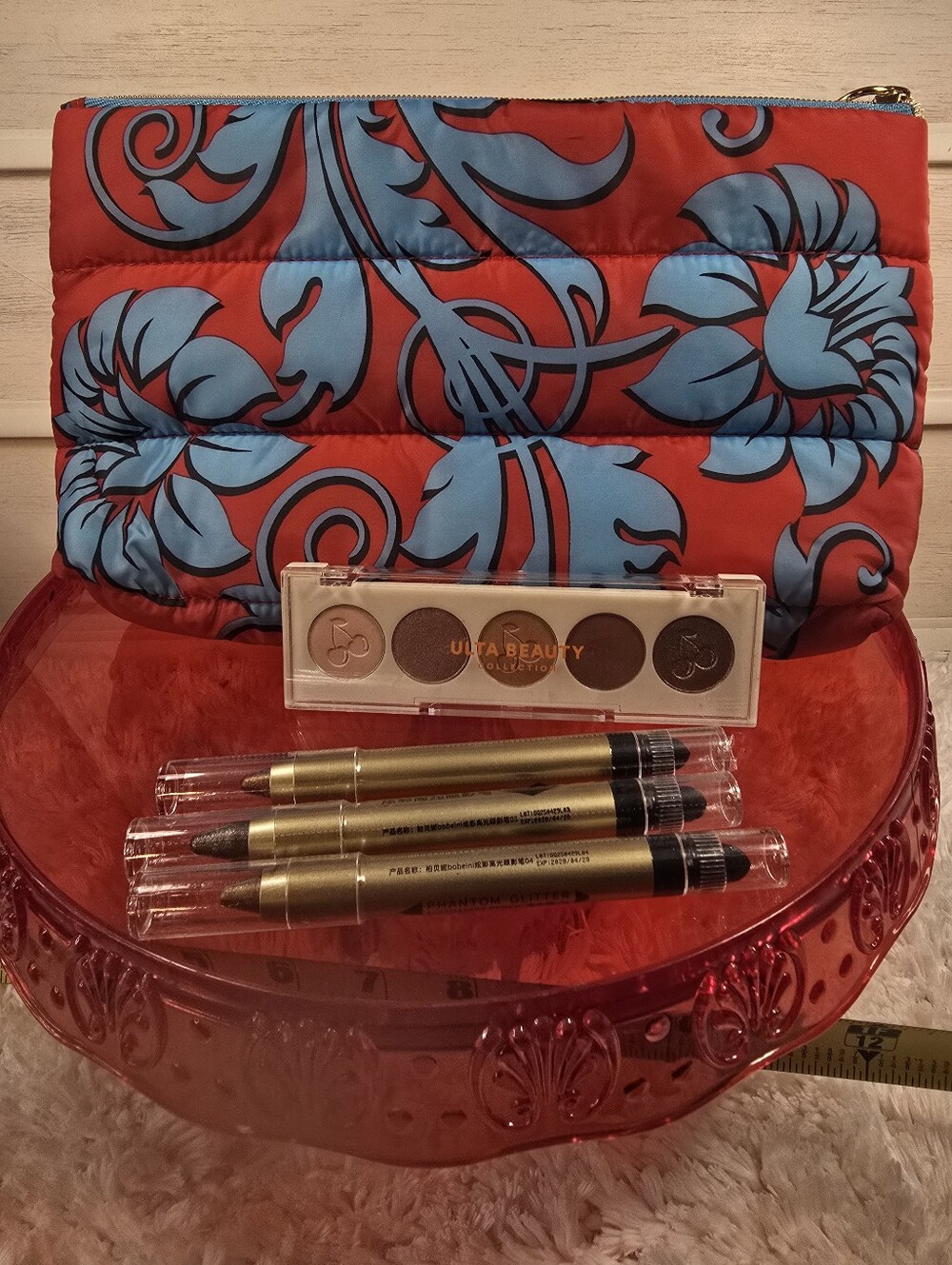 ULTA Beauty Red & Blue Floral Cosmetic Pouch with Eye Shadow Trio